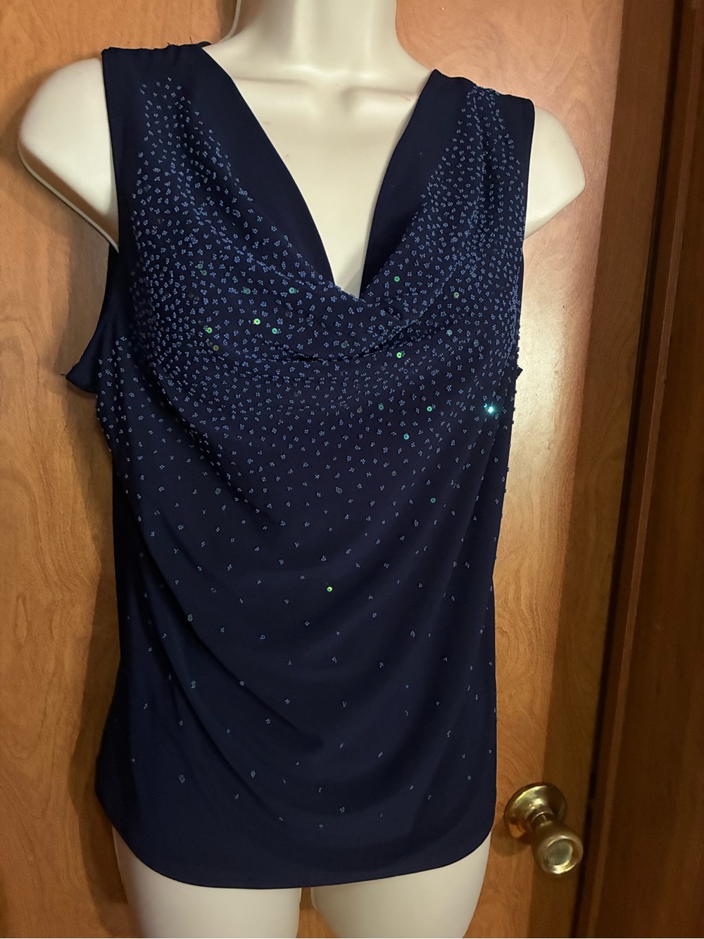 Women's Navy Sleeveless Drape Neck Top with Sparkle Large